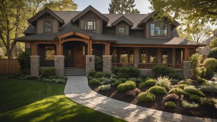 Beautiful custom built craftsman style home car garage with wooden doors lush landscaping with spring foliage and shadows dappling the yard