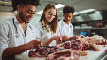 Medical students dissecting human body in anatomy lab during educational demonstration