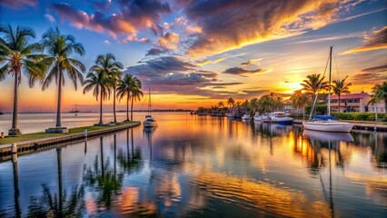 Serene sunset casts a warm glow on the calm waters of the Bay Front, with palm trees and sailboats dotting the tranquil Naples shoreline.