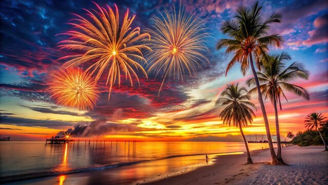 Vibrant fireworks explosion over calm Gulf of Mexico waters, sandy shoreline, and palm trees, silhouetted against a warm sunset sky in Naples, Florida.