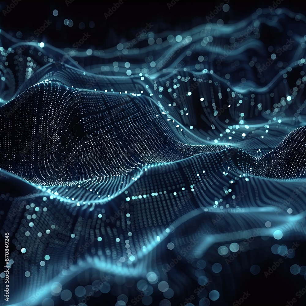 Poster 3d technological hologram, science hud interface element. abstract waving surface from many glowing 