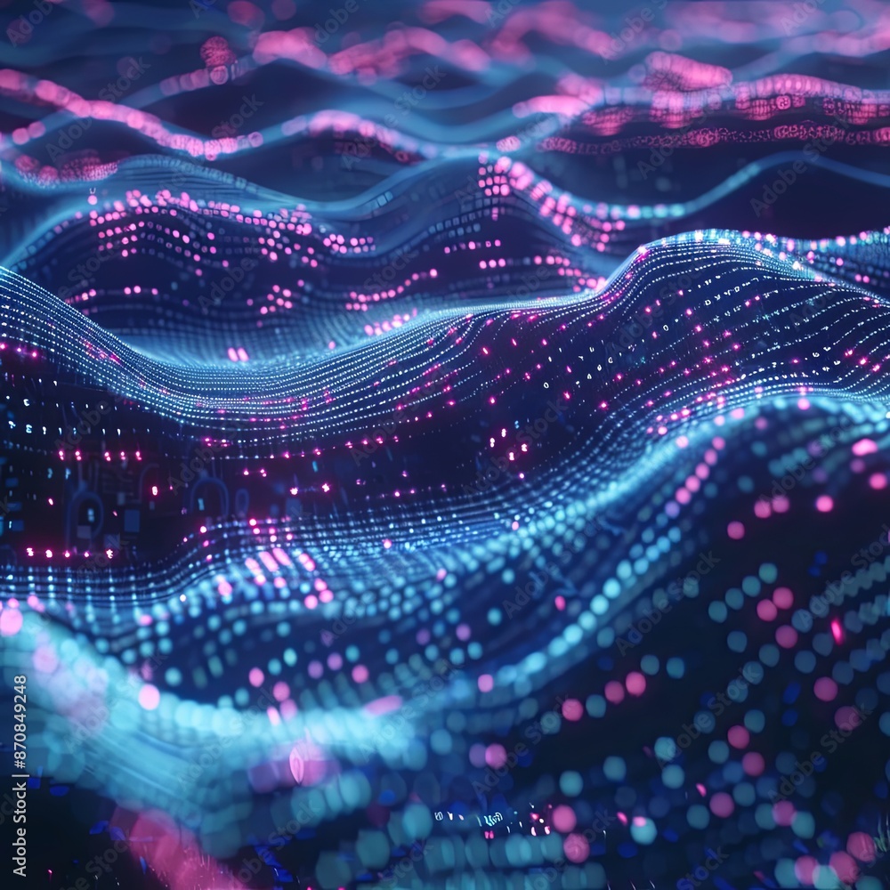 Poster 3d technological hologram, science hud interface element. abstract waving surface from many glowing 