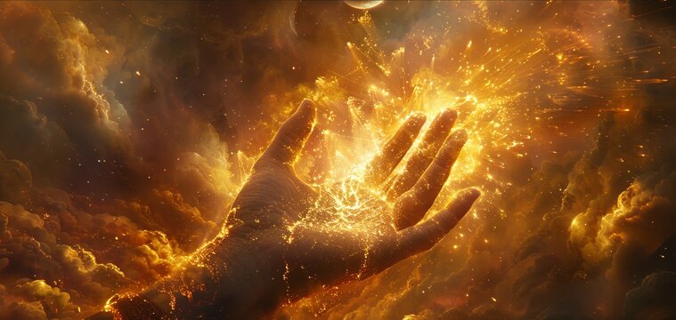 The divine hand uses its radiance to stop everything, symbolizing omnipotence and spiritual power.