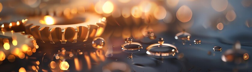 Close-up of golden gears with water droplets, showcasing industrial elegance and precision in a captivating bokeh setting.