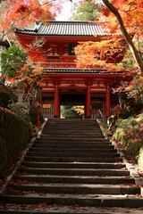 A staircase leading up to a temple in the fall