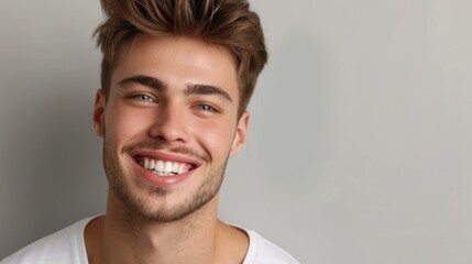 Fototapeta premium Young man with beautiful smile on grey background. Teeth whitening