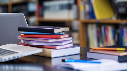 Online Education Concept stack of books on a laptop 