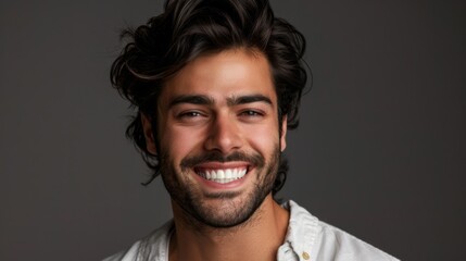 Obraz premium Young man with beautiful smile on grey background. Teeth whitening