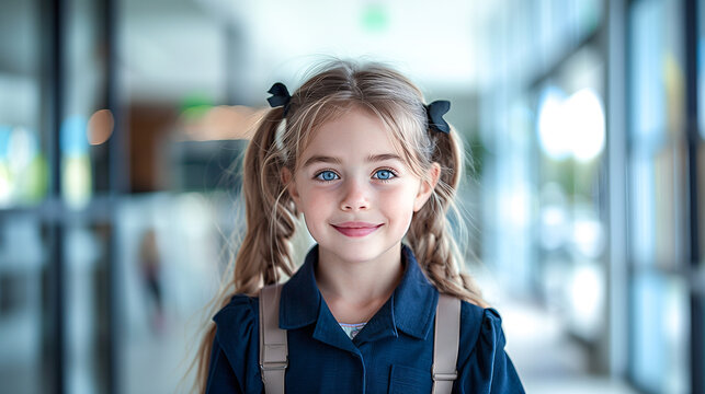 Smiling first-grader with a school backpack and notebook in her hands. Portrait of a happy little girl with pigtails standing against the background of a modern school corridor. Back to school concept