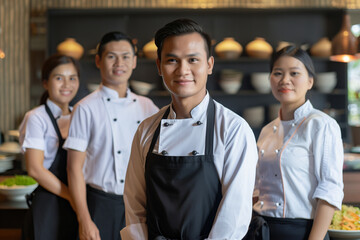 Cambodia professional service staff, salesperson and cook in modern restaurant.	
