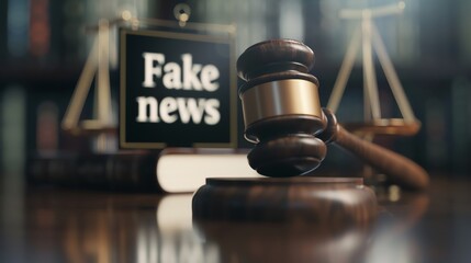 Gavel and fake news sign in courtroom setting symbolize misinformation in media and its legal implications. Justice and law concept.