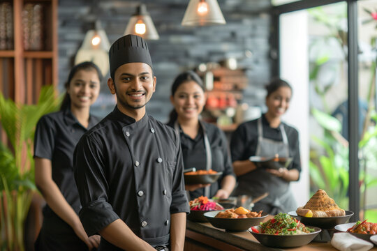 Bangladesh professional service staff, salesperson and cook in modern restaurant.	
