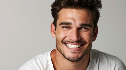 Obraz premium Young man with beautiful smile on grey background. Teeth whitening
