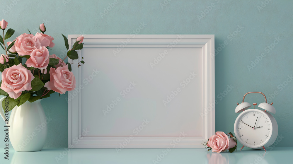Poster 3d rendering of an empty picture frame on the table with pink roses and alarm clock beside it. the b