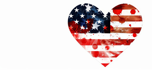 Fototapeta premium Heart-shaped American flag with paint splatters. - An artistic representation of the American flag in a heart shape, with red, white, and blue paint splatters giving a creative and abstract feel to th