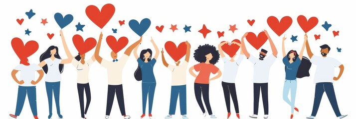 Crowd with hearts and stars in celebratory mood - Animated crowd of diverse individuals raising heart shapes and stars, symbolizing joy, community, and celebration, depicted in a vibrant and lively ar