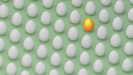 Isometric pattern of eggs with one gold egg on pastel green background. Success, value, achievement, discover, or Easter concept. 3D illustration render.
