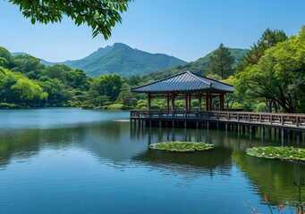 Obraz premium Serene Lake Pavilion in the Mountains