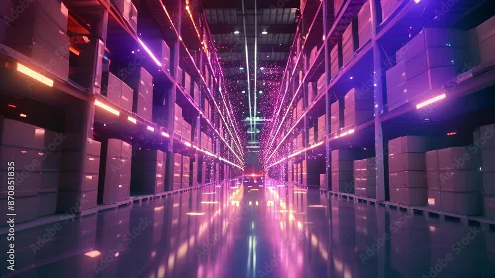 Poster a logistics center where inventory management and order fulfillment are optimized with the help of 5