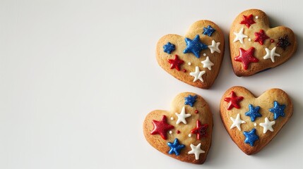Heart Cookies with Red, White, and Blue Star Icing - Heart-shaped cookies with red, white, and blue star icing decorations, perfect for a patriotic celebration or festive event, showcased on a plain w
