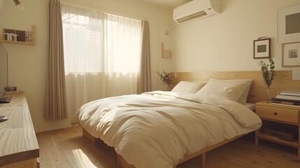 Fototapeta premium Cozy and Minimalist Bedroom Decor in a Peaceful Muji-inspired Retreat