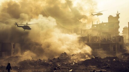 Fototapeta premium Military forces & helicopters between smoke and dust in destroyed city. with copy space