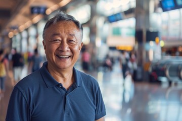 Fototapeta premium Portrait of a happy asian man in his 50s donning a classy polo shirt on bustling airport terminal background