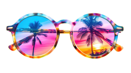 Round sunglasses with a tropical sunset reflected in the lenses. The image evokes a sense of relaxation and summer fun.