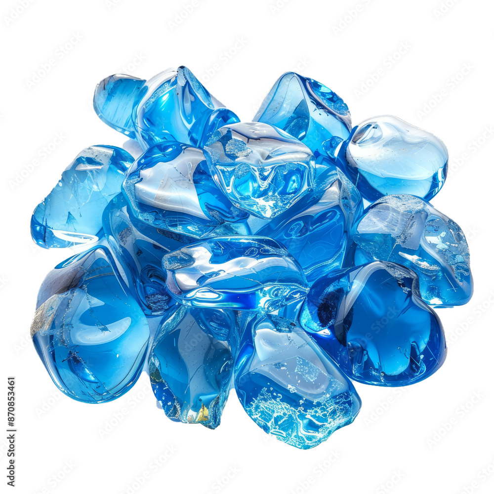 Poster realistic 3d render of blue ice cubes clustered together, isolated with a transparent checkered back