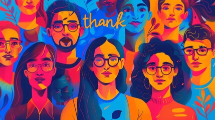 Obraz premium Diverse Team Illustrational Poster with Dynamic Composition in Pastel Colors Capturing the Essence of Gratitude and Energy