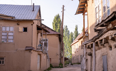 A small town with a dirt road and houses with a lot of windows