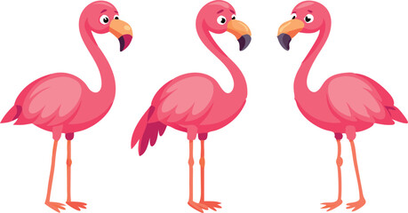 Illustration of three cute pink flamingos standing together on a white background