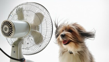 Dog in front of a Fan - Cooling down in Hot Weather - Air conditioning for Animals - Animal Care during Summer - Global Warming - Warm Temperature and Heatwave - Blowing Air to Tibetan Terrier
