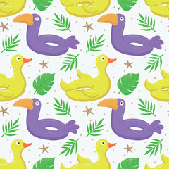Seamless pattern with purple toucan and yellow duck. A float for the pool. Inflatable colorful ducks and toucans. A swimming circle. Vector template for your summer beach design