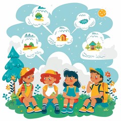 Kids at a summer camp with thought bubbles, outdoor activities, Summer Camp, Educational and fun activities