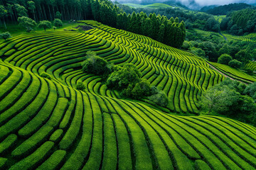 Green tea plantation with blue sky, tea farm on countryside.