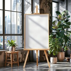 Modern studio with blank easel, indoor plants, and large windows overlooking a cityscape.
