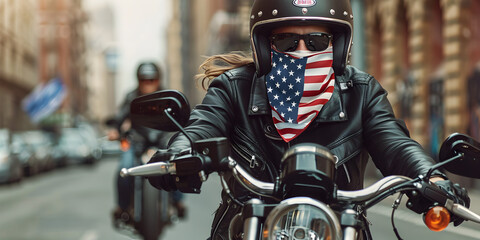 Fototapeta premium A motorcycle rider with an American flag bandana.