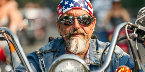 Fototapeten A motorcycle rider with an American flag bandana.    © Zape