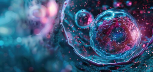 A microscopic view of a single cell division process, close up, biological research, realistic, overlay, laboratory backdrop