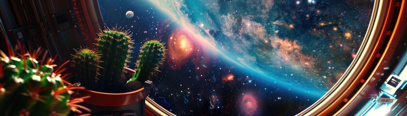 Obraz premium A small cactus in a space pod, traveling past colorful galaxies visible through a panoramic spacecraft window