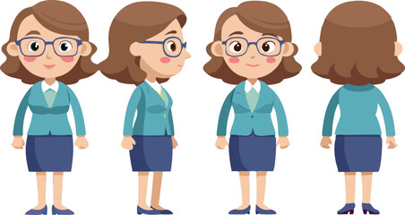 Fototapeta premium Character design of a businesswoman in multiple views with a professional outfit and glasses
