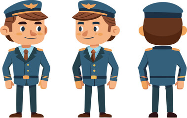 Cartoon illustration of a pilot in uniform from front, side, and back views
