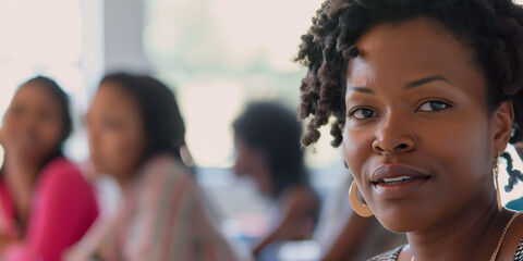 Confident Smiling Woman with Curly Hair in a Classroom Setting