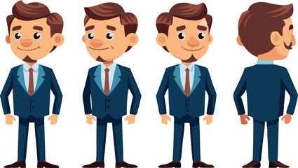 Cartoon businessman character in suit shown in four different angles