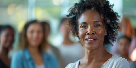 Confident Middle Aged Woman Smiling in Group Setting