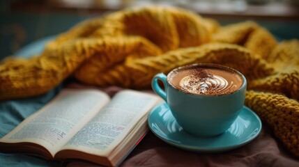 close up of a cup of hot coffee and a book on the table. Ai generated image