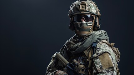 Naklejka premium Close up of an Army Soldier in combat uniform with an assault rifle, wearing a combat helmet, Shemagh Kufiya scarf around his neck. dark background. Ai generated image