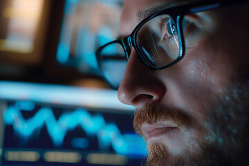 close-up on the investor face and screen for an analytical scene