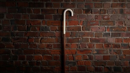 An antique white cane leans against a brick wall